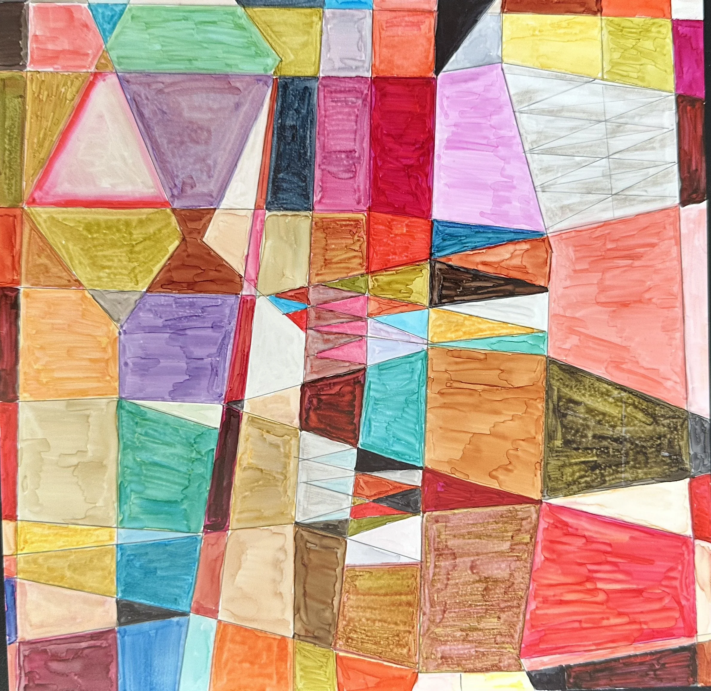Colorful geometric abstract drawing with various shapes filled with vibrant colors, including red, pink, green, blue, yellow, purple, orange, black, and white.