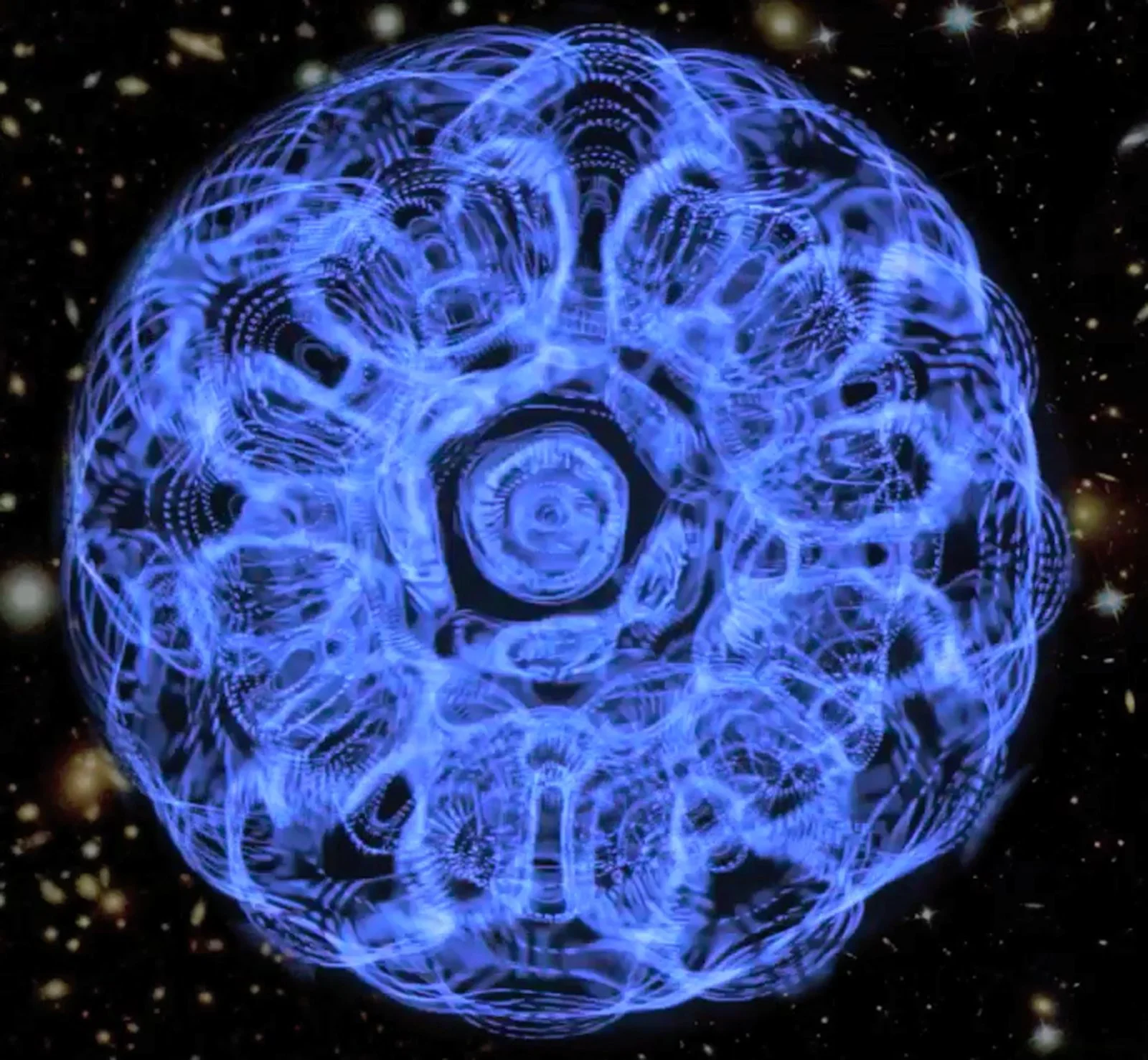 A computer-generated image of a human brain depicted in neon blue, with intricate glowing circuits and a space background filled with stars.