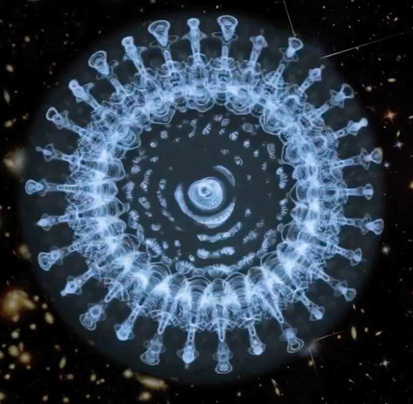 A digital or animated representation of a spherical star map or astronomical diagram with a central core and radiating structures, set against a starry black background.