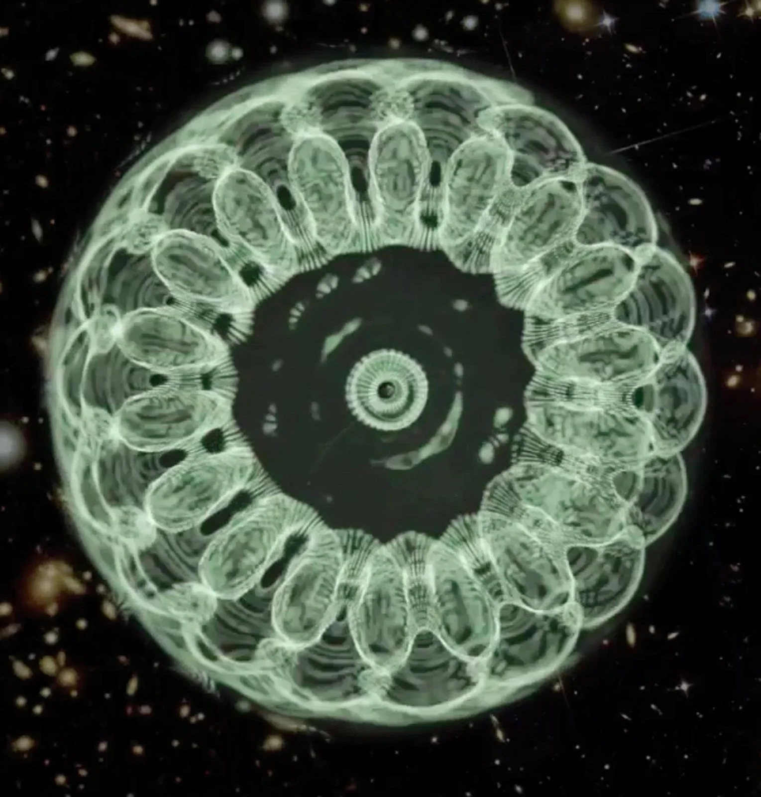 A glowing, intricate, mandala-like pattern formed by concentric circles and petal shapes, set against a dark, starry background.