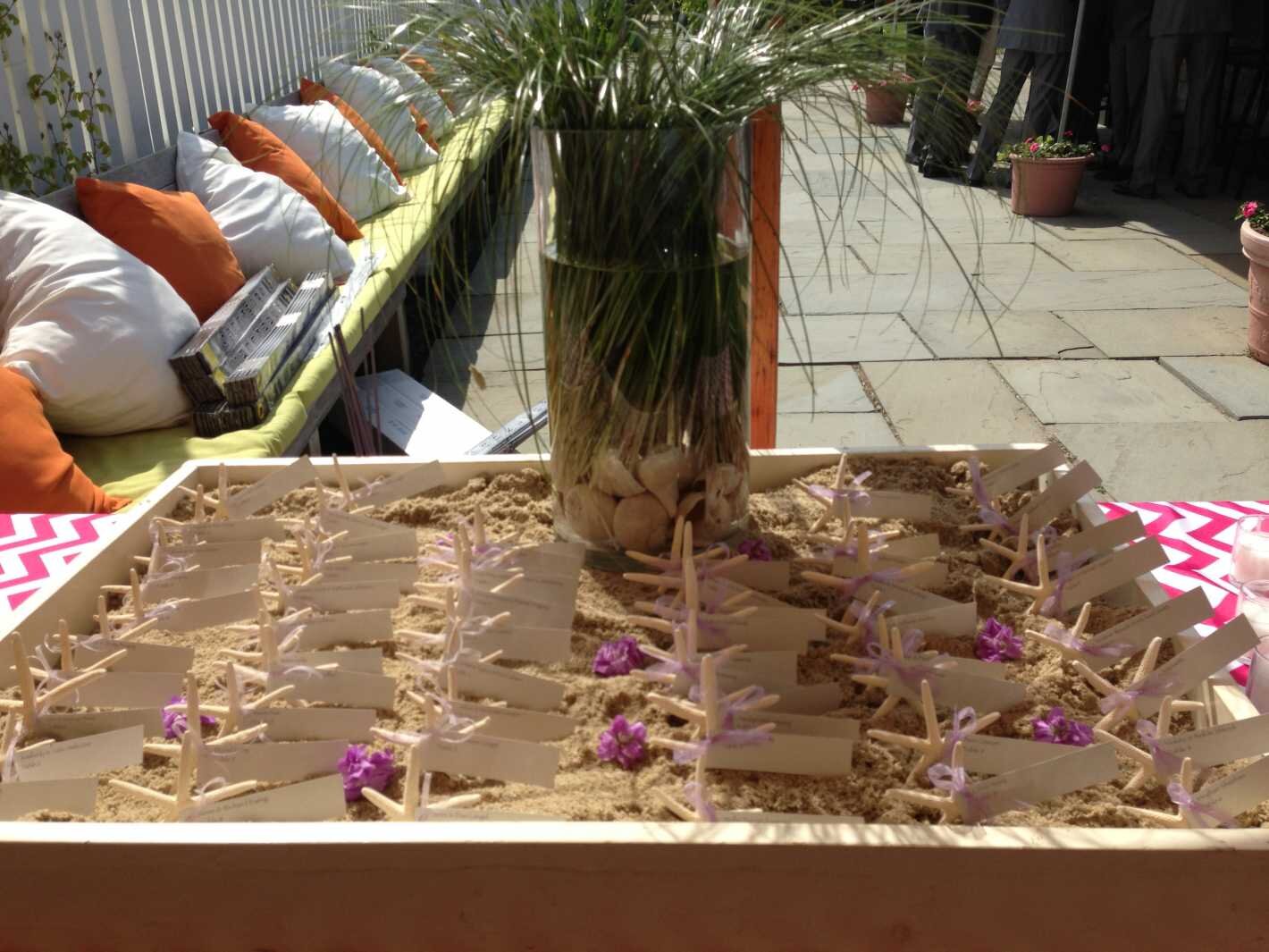 Wedding seating chart display designed with a beach theme
