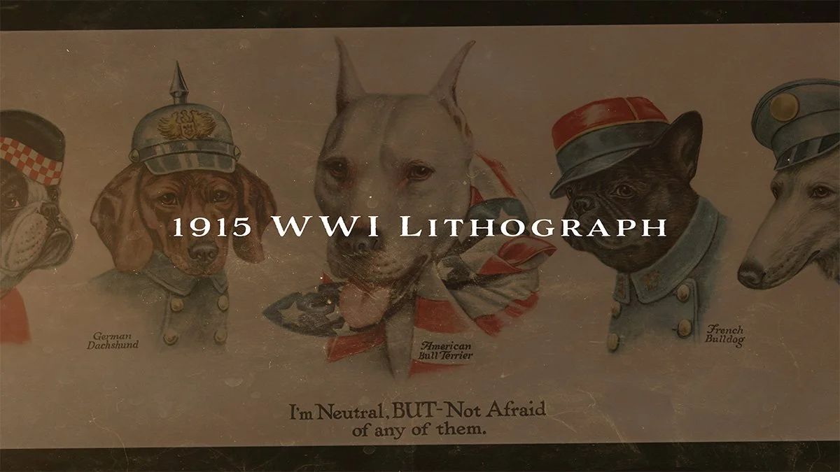 wwi lithograph featuring white pit bull dog representing united states