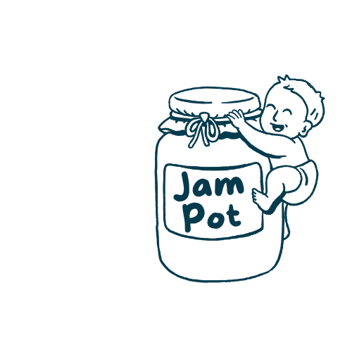 Drawing of a smiling child holding a large jar labeled "Jam Pot".