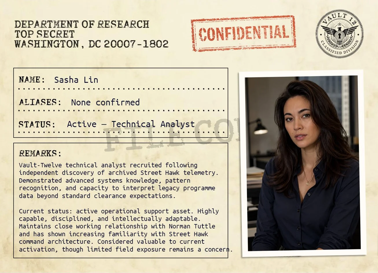 A classified, top secret government document with a photo of a woman with long dark hair, wearing a dark shirt, sitting in an office. The document is marked 'Confidential' and has various stamps and labels, including 'Vault 12' and 'Department of Research'.