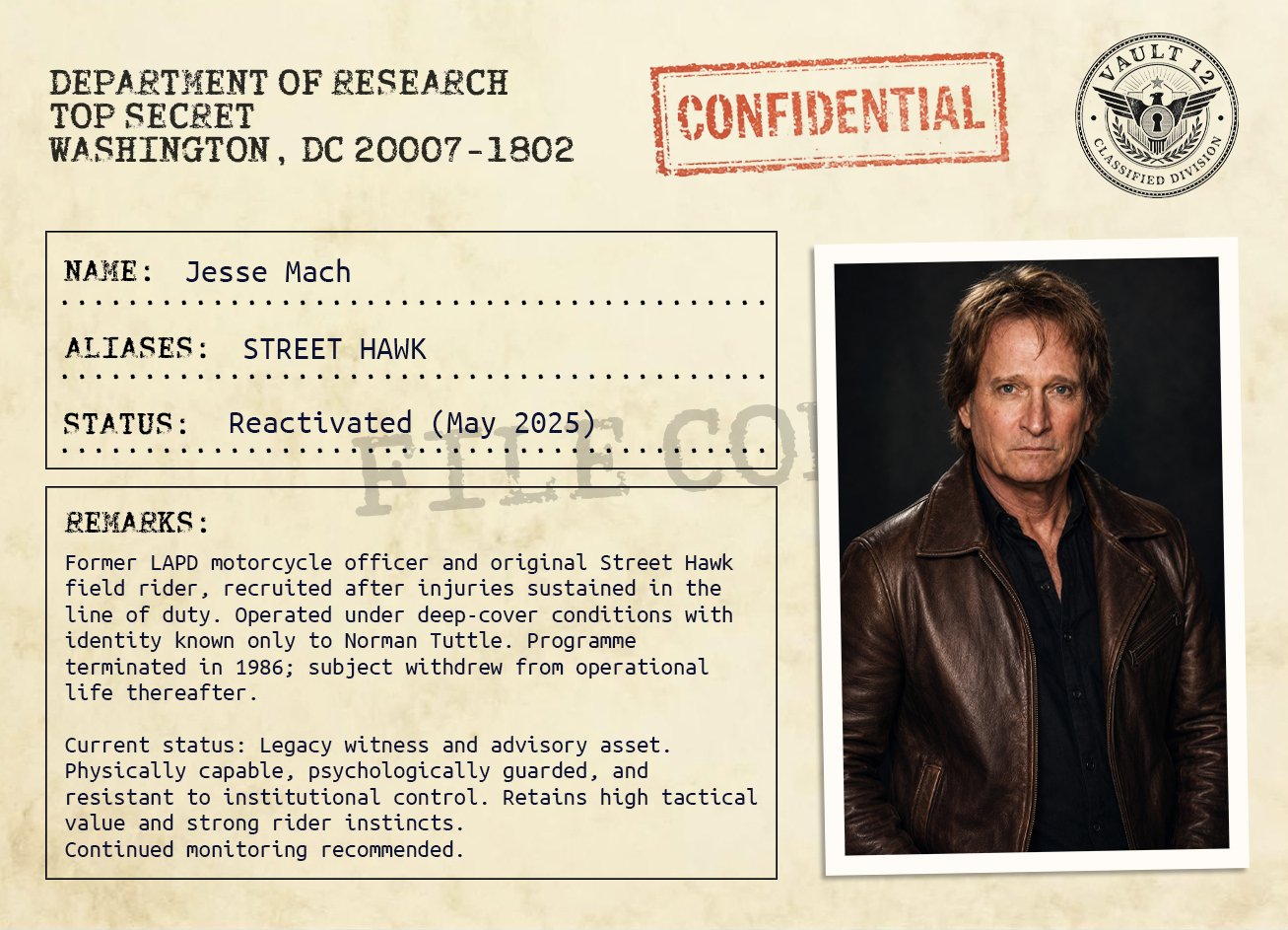 A classified spy document with a photo of a man in a leather jacket, including details about his alias 'Street Hawk,' status, and remarks about his past as an LAPD motorcycle officer and secret agent.