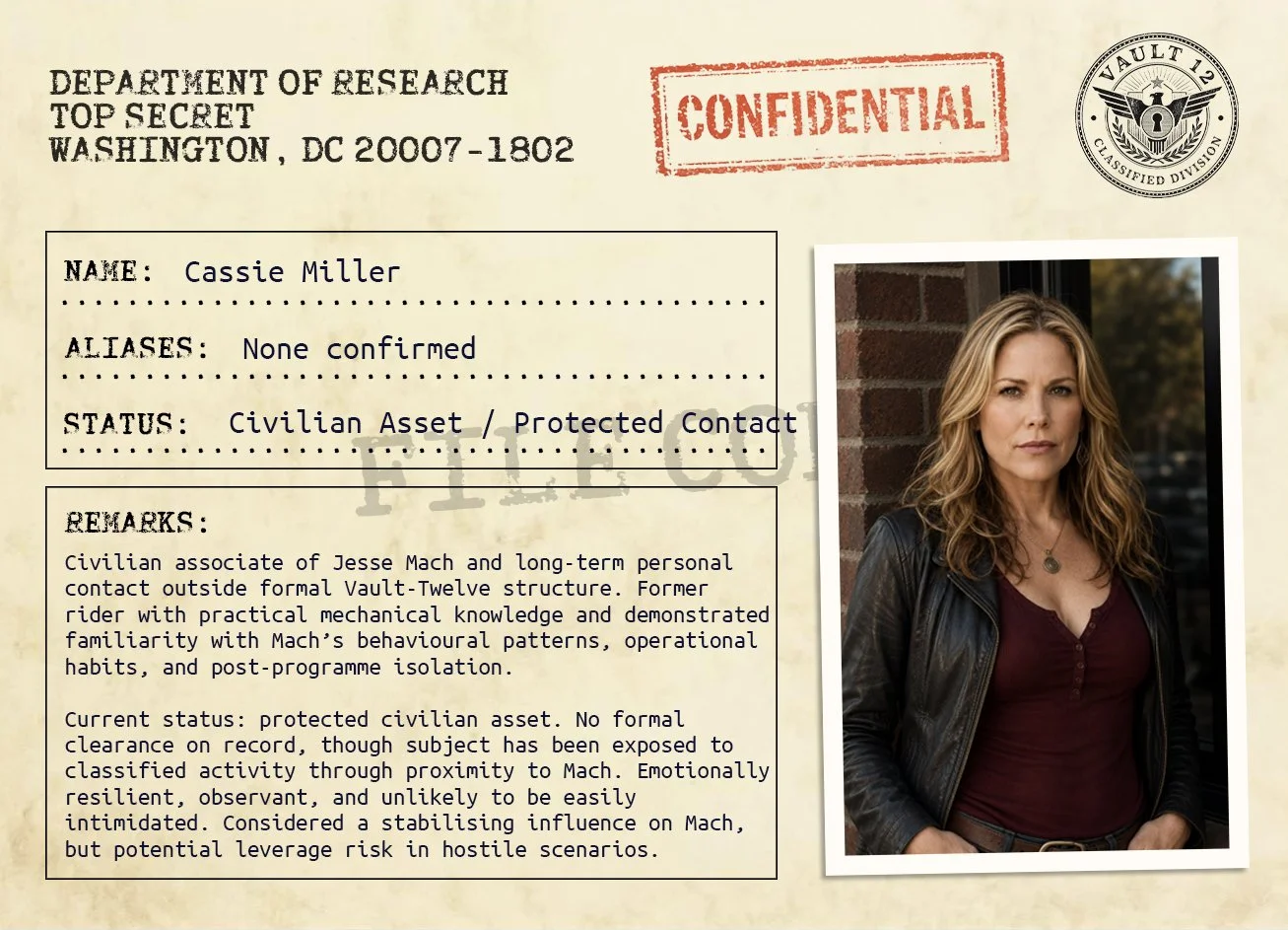 A classified, confidential research dossier with personal details and a photo of a woman with curly blonde hair, wearing a leather jacket and maroon top, standing outside next to a brick wall.