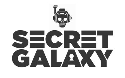 Logo of Secret Galaxy featuring a cartoonish skull with a space helmet and the words "Secret Galaxy" in bold letters.