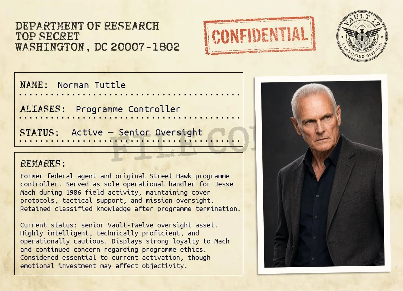 A classified confidential intelligence file featuring a photo of an older man with white hair in a black shirt and gray blazer, labeled as Norman Tuttle, a senior oversight programme controller, with a seal of Vault 12 on a secret document from the US Department of Research.