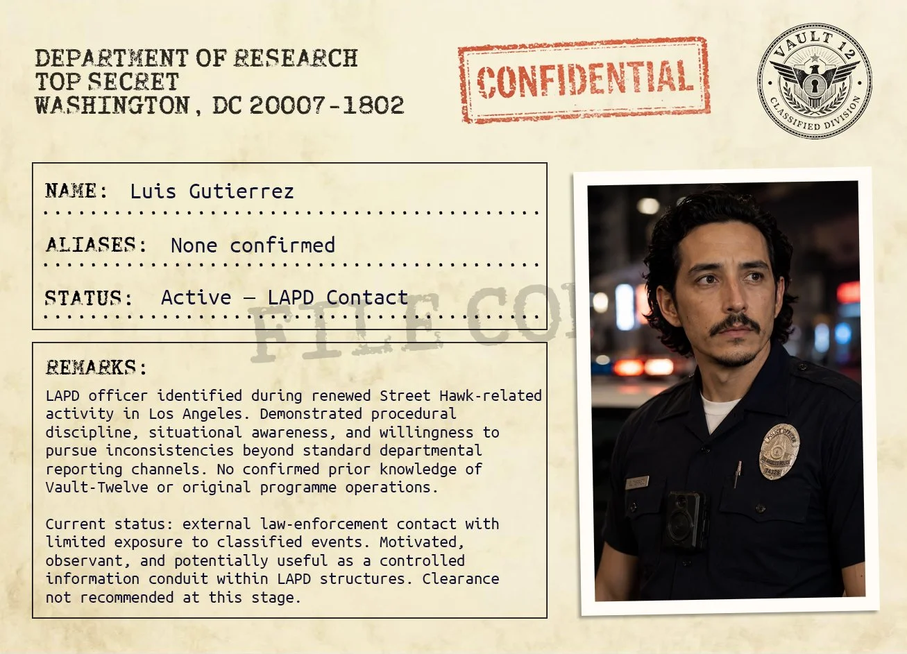 A confidential LAPD officer identification card showing the name Luis Gutierrez, active LAPD contact status, no confirmed aliases, with a photograph of a male officer with dark curly hair and a mustache, wearing a LAPD uniform and badge, standing in an urban night scene.
