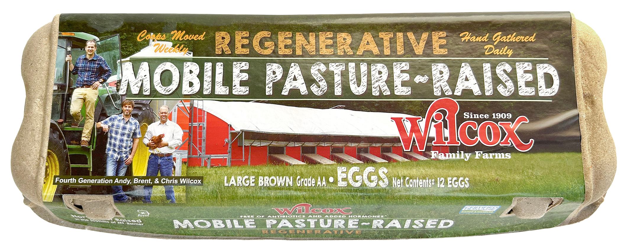 Assortment of fresh Wilcox Family Farms egg cartons for retail arranged on display.