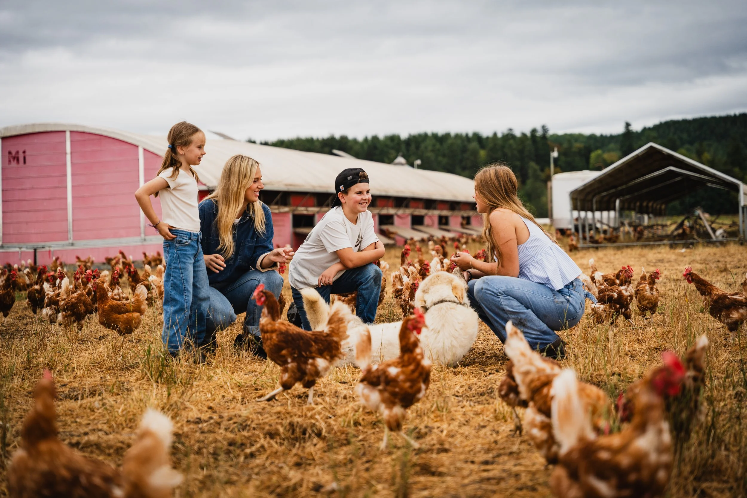 Four people, including two children and two adults, sitting and standing on a farm surrounded by chickens and a white and brown dog, with farm buildings and a cloudy sky in the background.