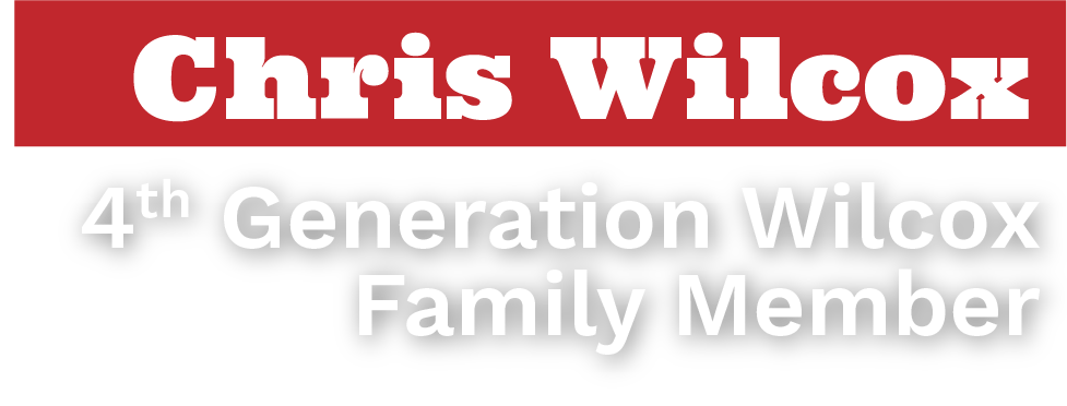 Graphic design with red background, white bold text "Chris Wilcox", and black text with white letters "4th Generation Wilcox Family Member" outlined in red.