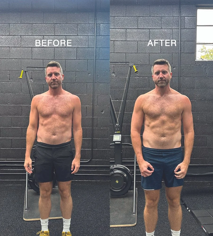 Comparison of a man before and after a fitness transformation. In the 'before' photo, he stands shirtless with a serious expression, wearing black shorts, white socks, and yellow shoes. In the 'after' photo, he appears more muscular and fit, wearing similar shorts, and has a more confident expression. The background is a gym with black cinder block walls.