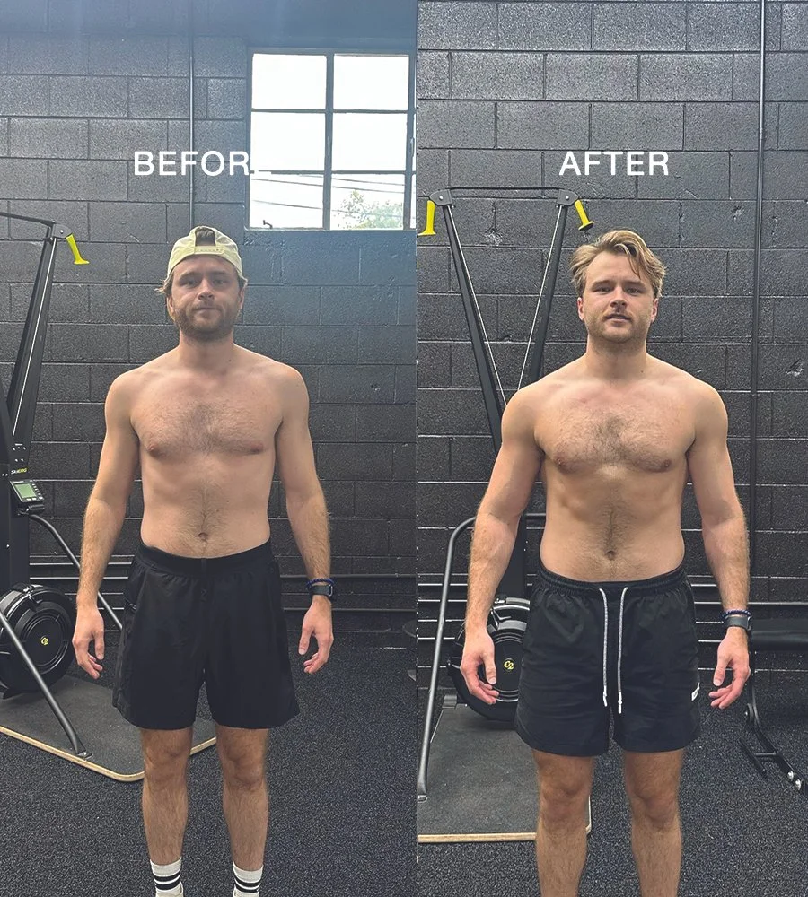 Comparison photo showing a man before and after workout transformation. In the 'before' photo, he is shirtless, wearing a cap, black shorts, and white socks with black stripes, with a neutral expression. In the 'after' photo, he appears more muscular with increased definition, also shirtless, wearing black shorts, and has styled hair with a confident expression. The background includes gym equipment and a brick wall, with a window above.