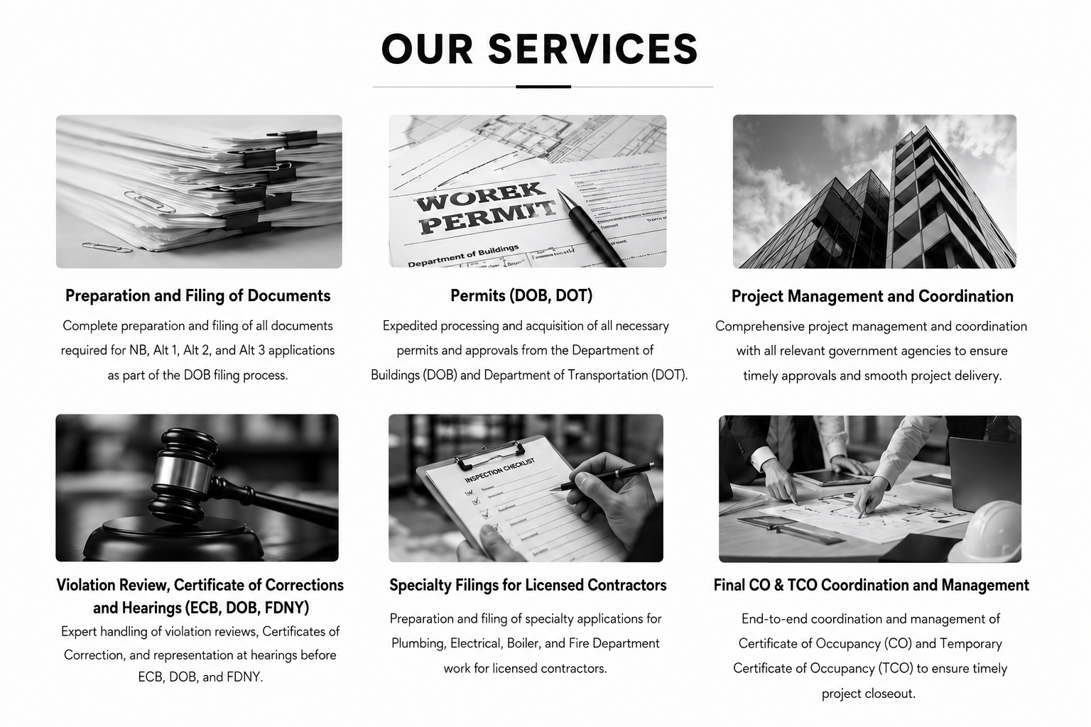A webpage titled 'Our Services' displaying six sections with images and descriptions of services related to document filing, permits, project management, violation review, specialty filings, and project coordination for construction or government projects.