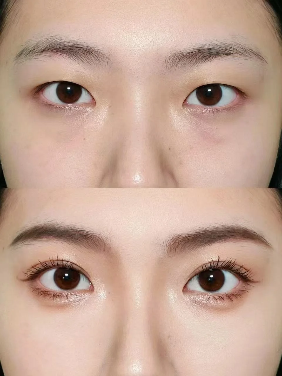 Close-up comparison of a person's eyes before and after makeup application, showcasing enhanced eyelash length and definition in the second image.