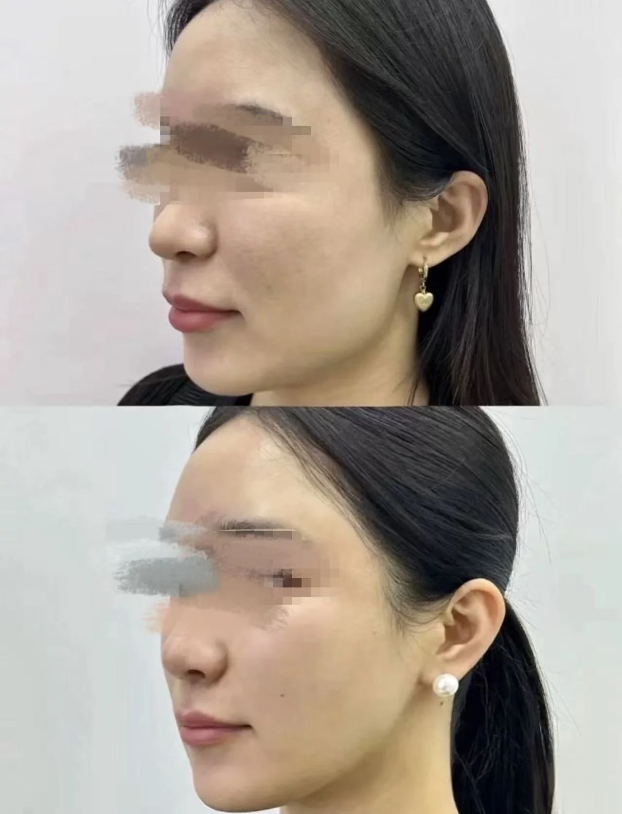 Side-by-side comparison of a woman wearing different earrings; one with a gold heart-shaped earring and the other with a large white pearl earring.