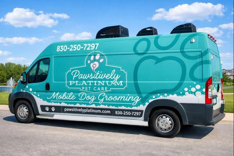 Fully equipped luxury mobile dog grooming van for stress-free grooming in Helotes and Boerne, Texas.