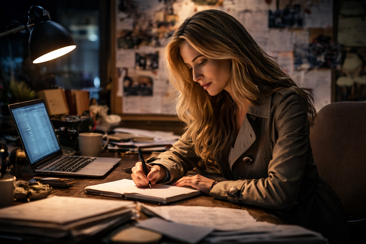Private investigator working at desk on a background investigation.