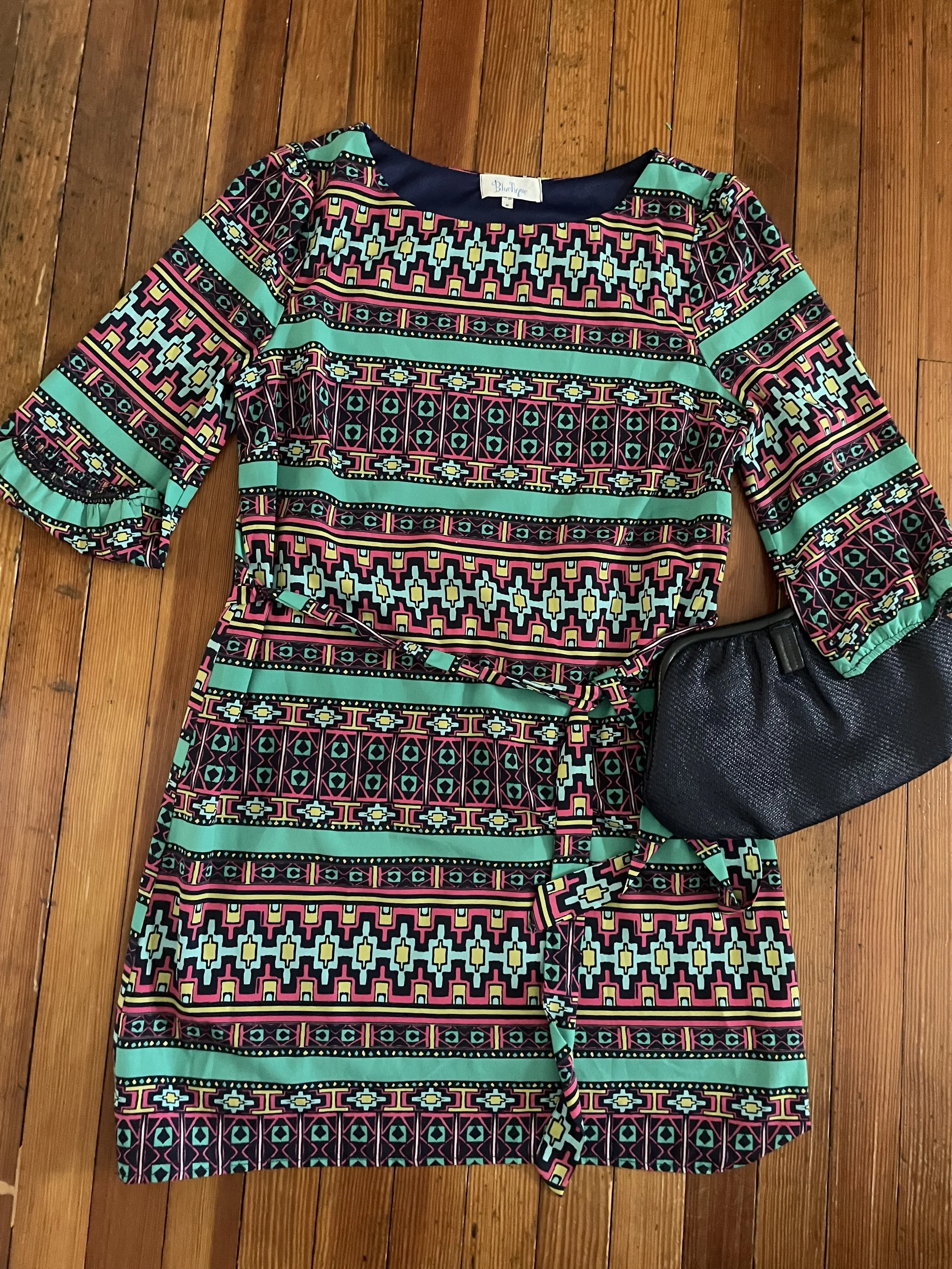 CC98 Bluetique multicolor dress (size M) with unbranded navy clutch