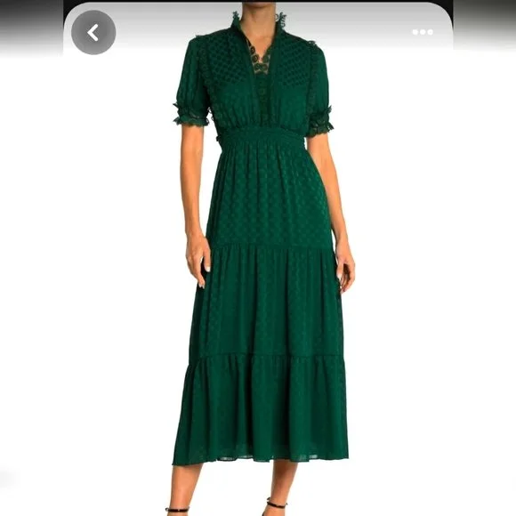 Max Studio Emerald Green Jacquard Dot Lace Trim Maxi Dress NWT Size M