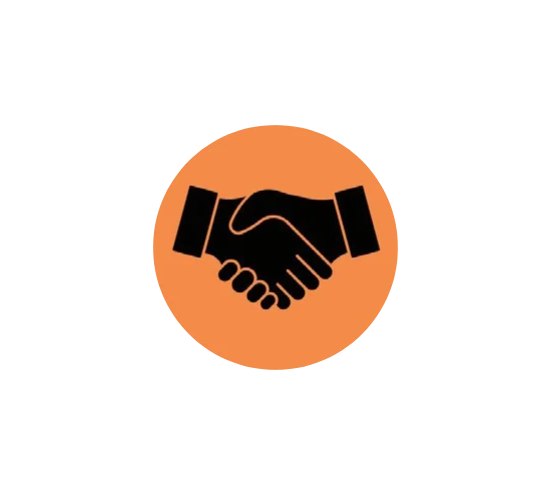 Black handshake icon inside an orange circle.
