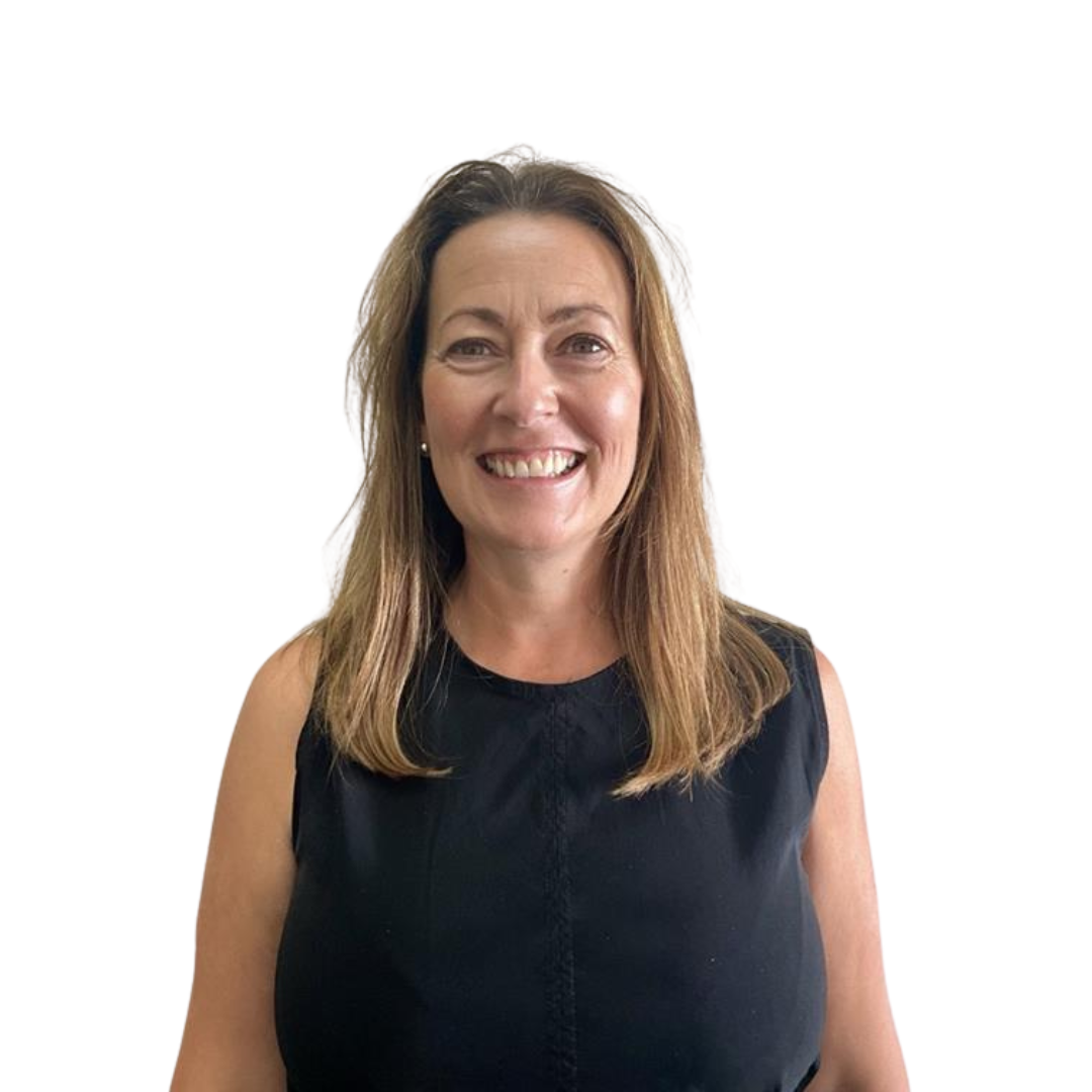 A smiling woman with shoulder-length brown hair wearing a sleeveless black top, standing against a plain white background.