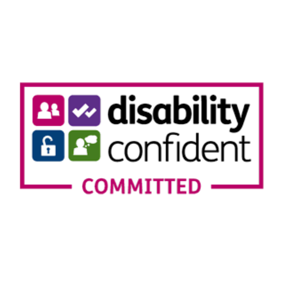 Icon-based graphic with symbols and text stating "disability confident COMMITTED" in black, pink, purple, green, and blue colors.