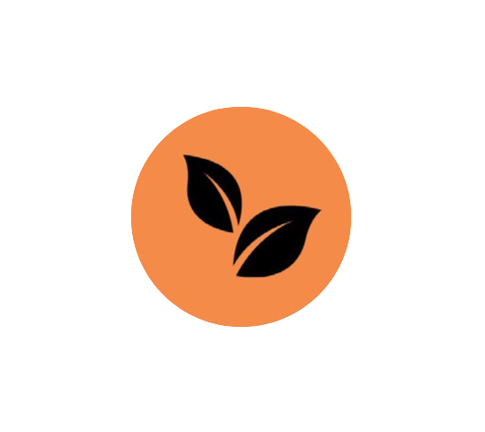 Icon of three black leaves inside an orange circle.