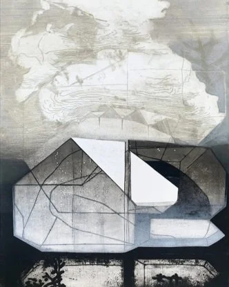 Abstract mural with geometric shapes and cloud-like formations.