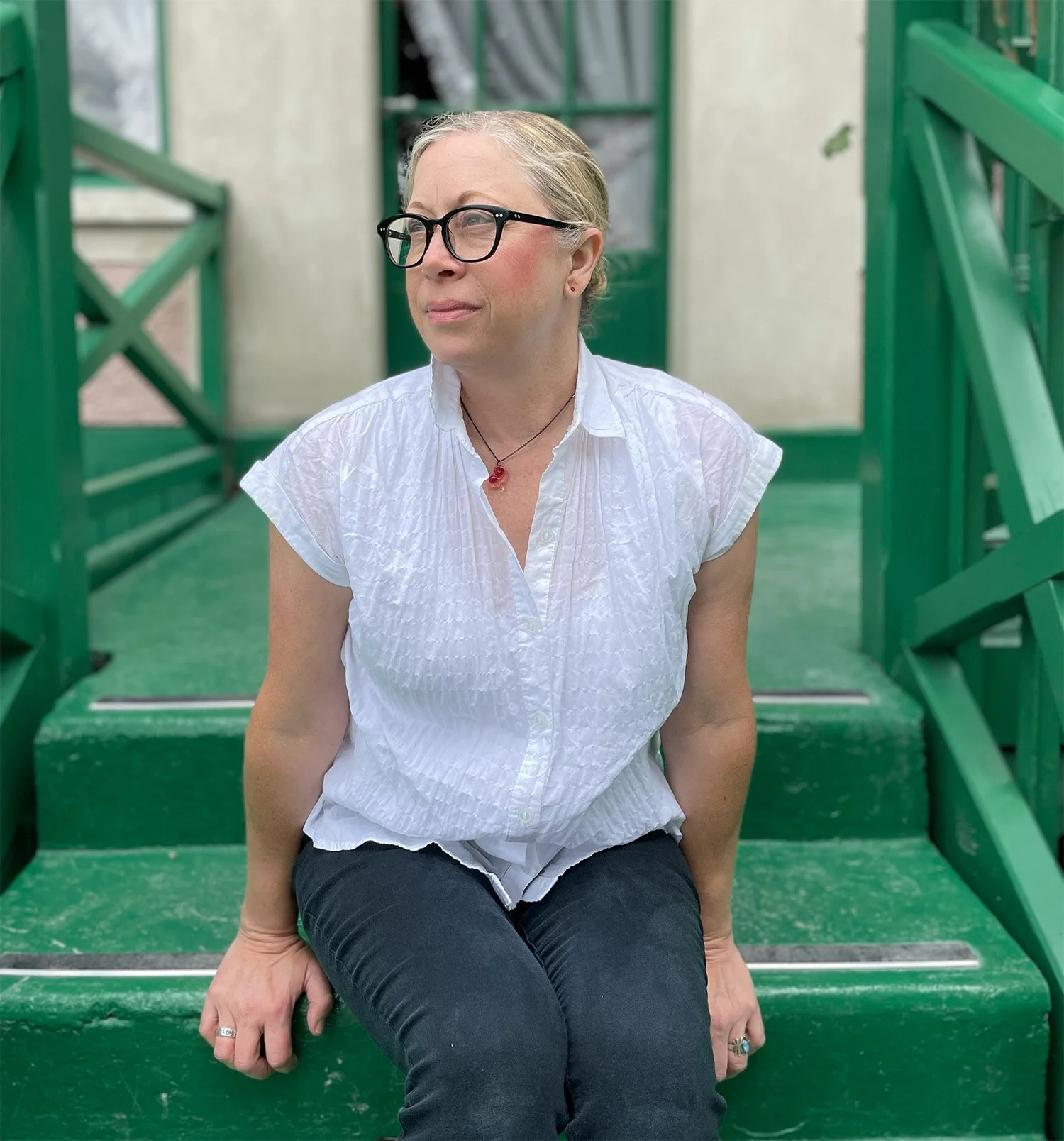 Author Julie Dieterich Pappas sits on green steps.