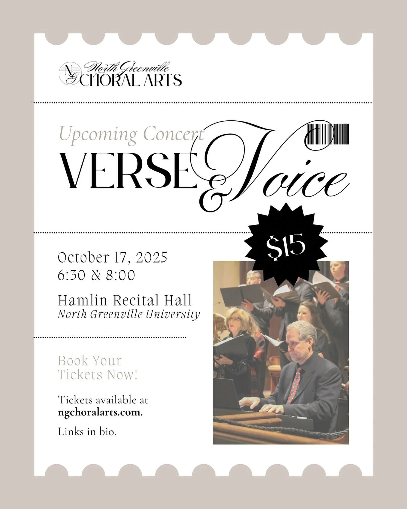 This month, we invite you to Verse & Voice presented by North Greenville Choral Arts. This fall concert explores the profound connection between written word and choral sound in a program designed to stir the heart and imagination.
π
 October 17