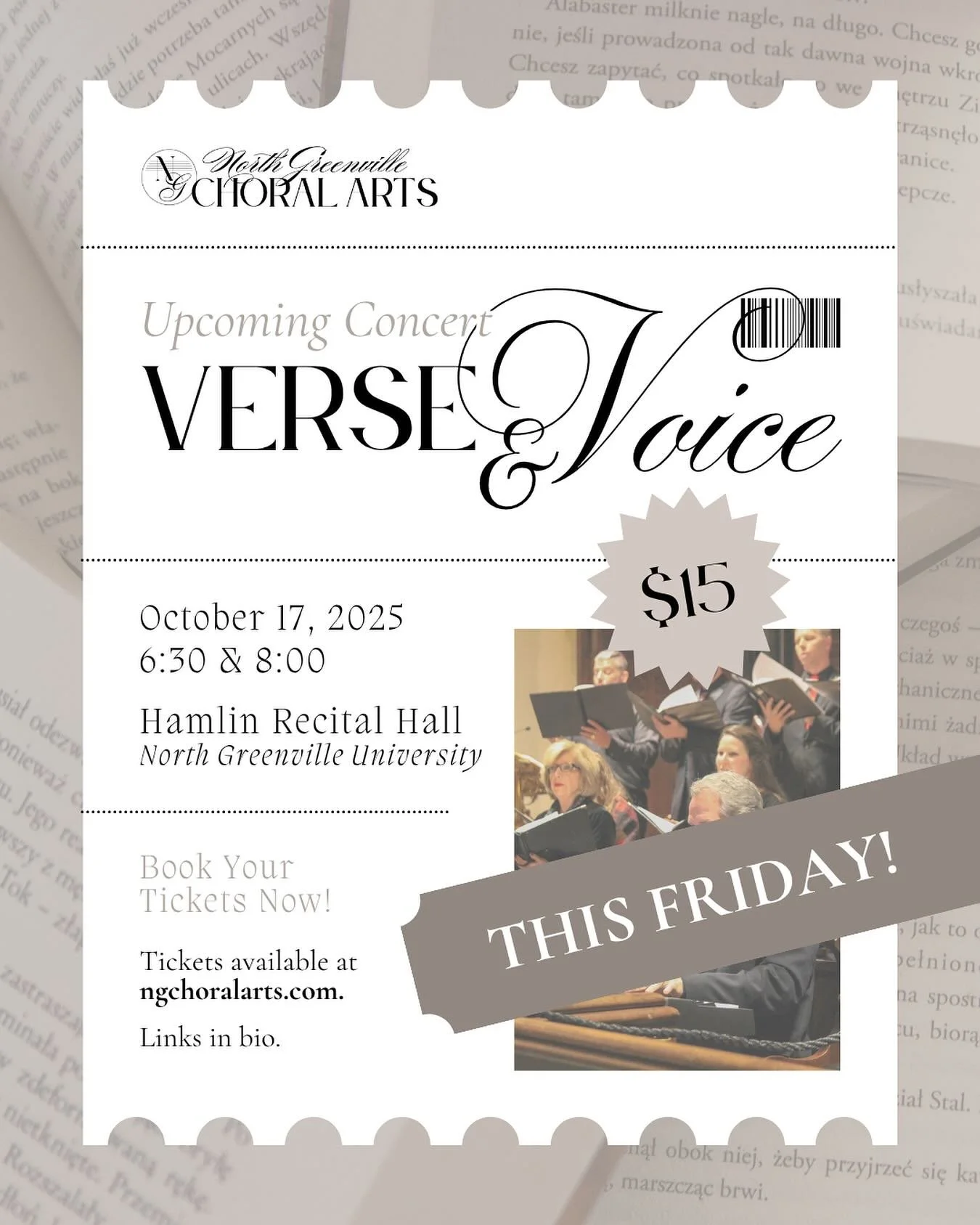 It’s almost here!
Join us this Friday for Verse & Voice, an evening where poetry and music intertwine in a stunning celebration of choral artistry. Experience how words and melody come together to create something truly unforgettable.
π
 F