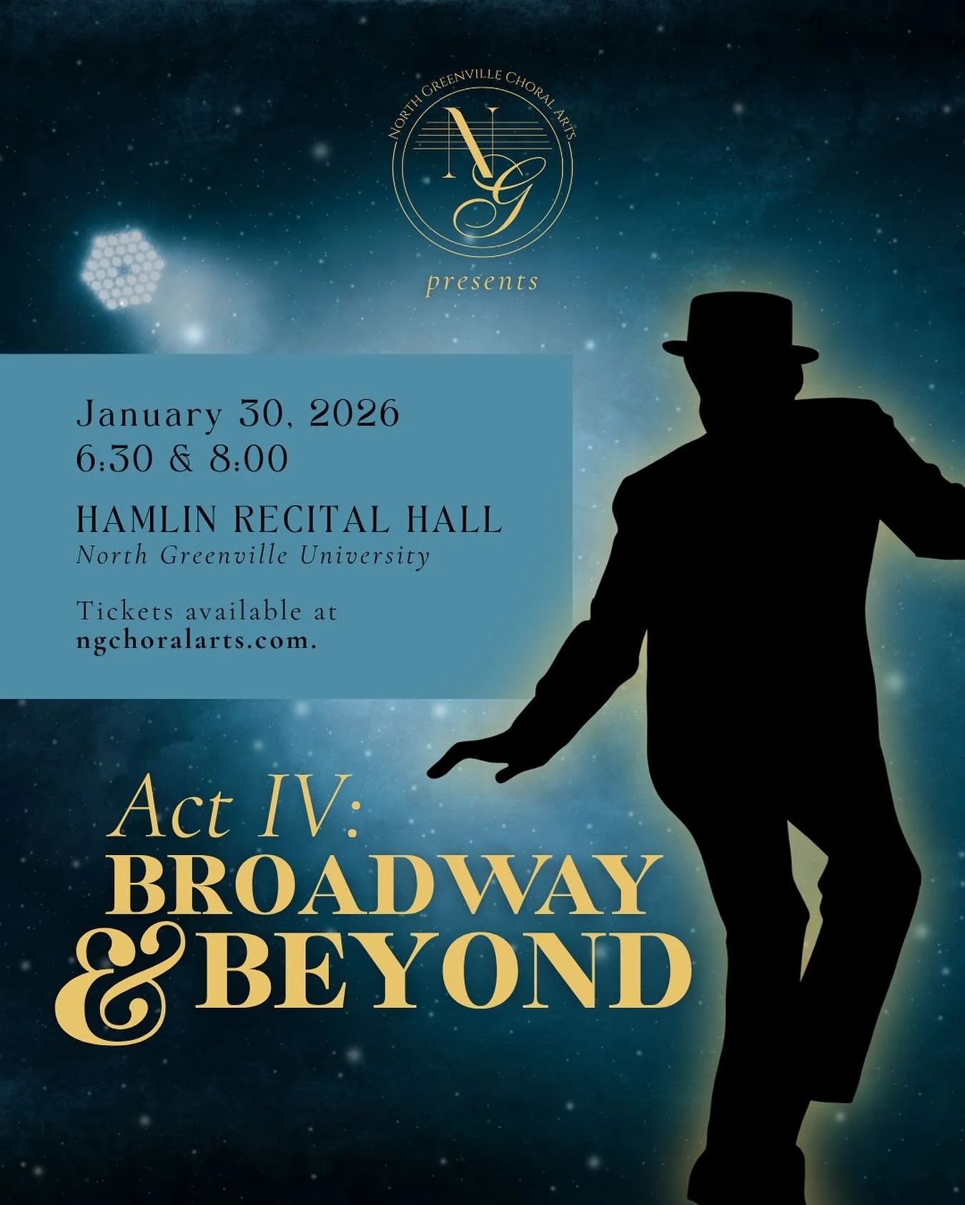 Step into the spotlight with us!
Join North Greenville Choral Arts for Act IV: Broadway &amp; Beyond - an evening filled with the energy, emotion, and excitement of the stage. From beloved Broadway classics to contemporary pop favorites, this concert