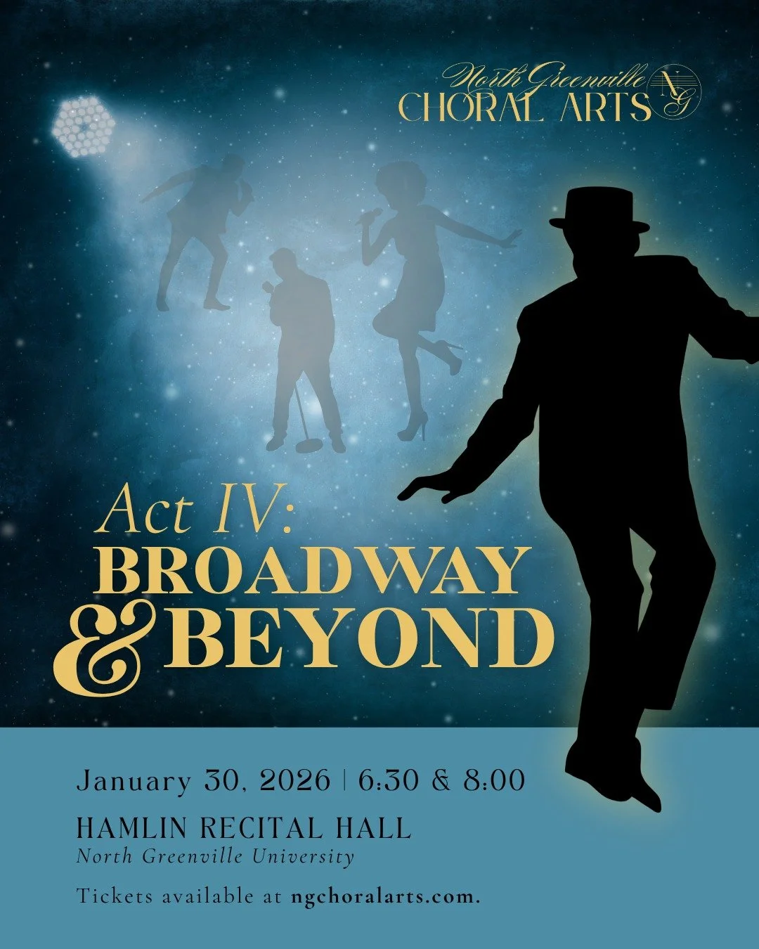 Curtain up THIS FRIDAY! 🎭
Join North Greenville Choral Arts for Act IV: Broadway &amp; Beyond&mdash;a dazzling evening celebrating the spirit of the stage. Experience the joy of live performance as our choir brings Broadway&rsquo;s greatest moments 