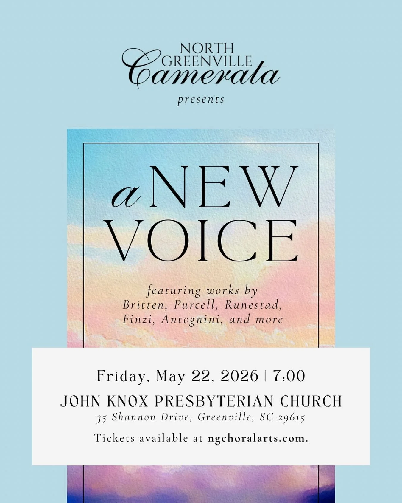LAST PERFORMANCE OF THE SEASON 🎶
Next week, North Greenville Camerata presents A New Voice&mdash;an evening of beautiful, expressive choral music featuring works by Britten, Purcell, Runestad, Finzi, Antognini, and more.

This inaugural performance 