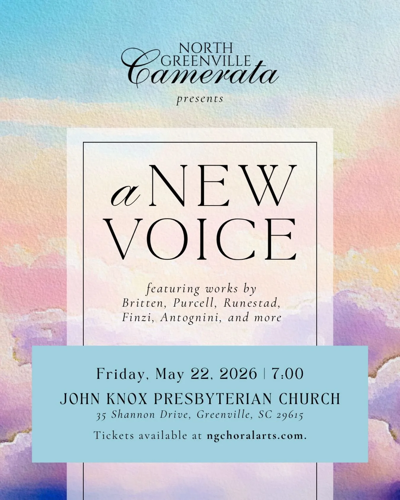 Tomorrow night, North Greenville Camerata takes the stage for its inaugural performance: A New Voice.

Join us for an evening of expressive and beautifully crafted choral music featuring works by Britten, Purcell, Runestad, Finzi, Antognini, and more