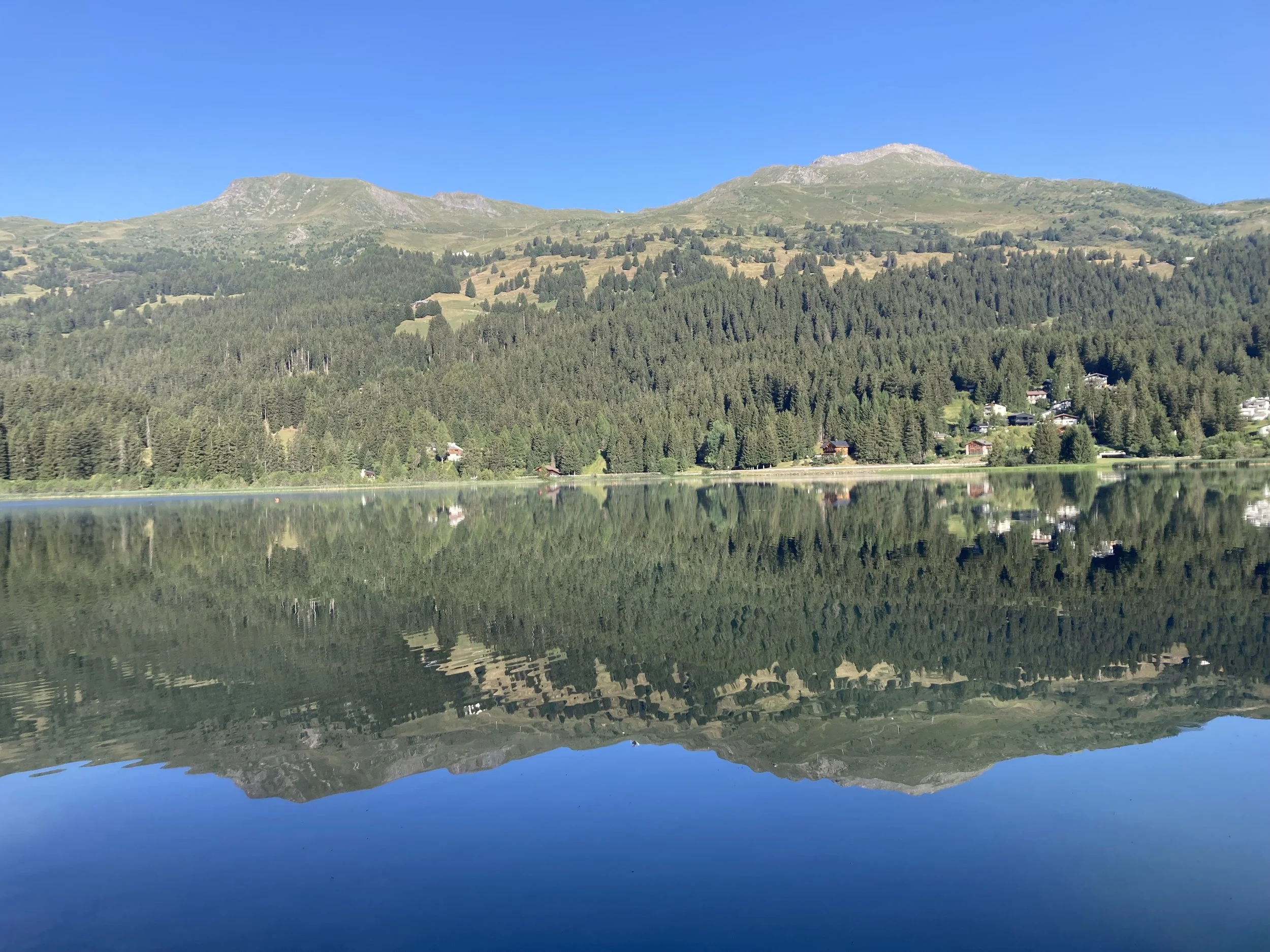 Photo of a mountain range covered in cedar forests with a bright blue sky above that is exactly mirrored on the still surface of a lake at the bottom of the mountains
