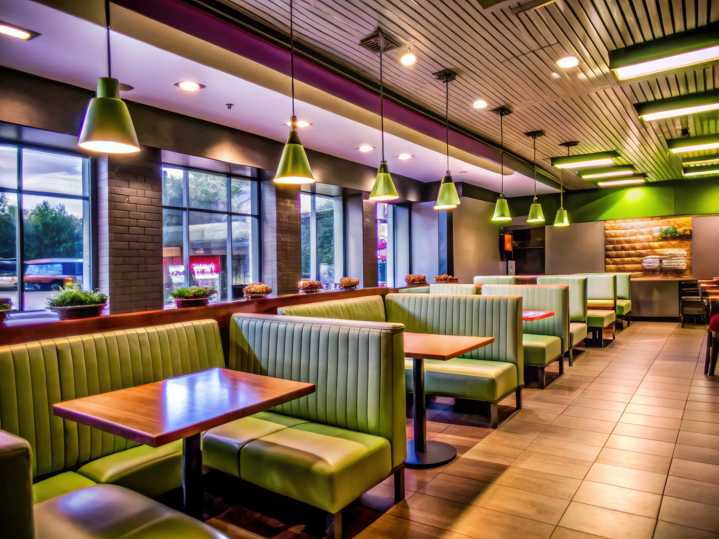 Empty restaurant with green booths, wooden tables, large windows, pendant lights, and a wooden ceiling, illuminated by natural and artificial lighting.
