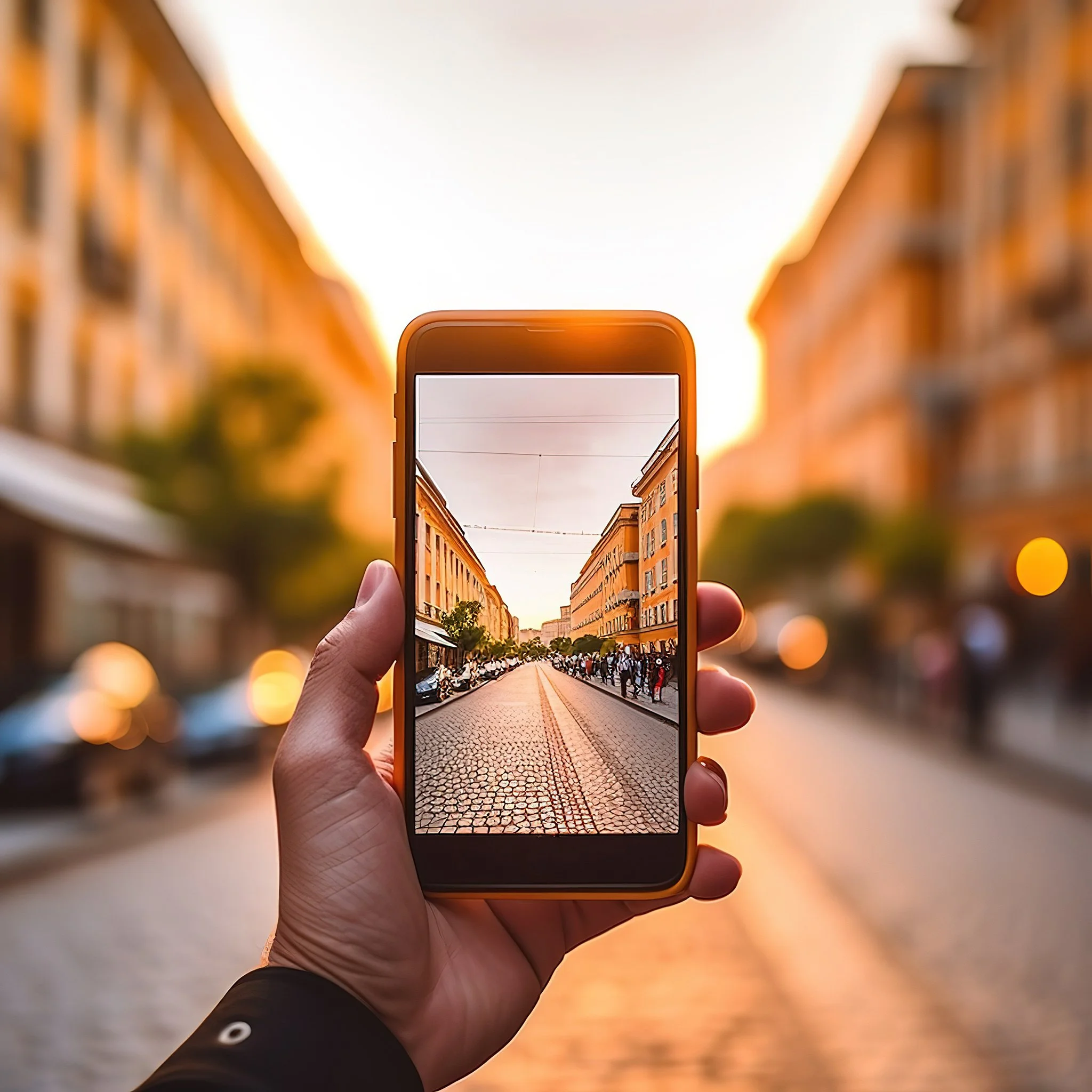 Person holding smartphone capturing a city street scene at sunset, with buildings on both sides and cobblestone road.