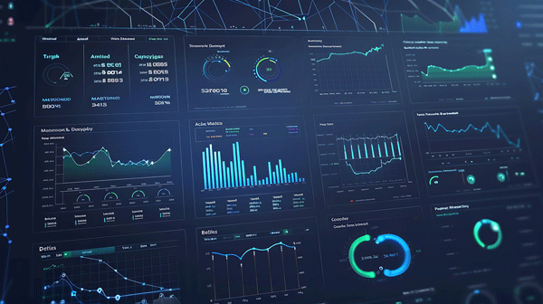 Digital dashboard displaying various graphs and data charts with a dark background, illuminated in blue and green hues.