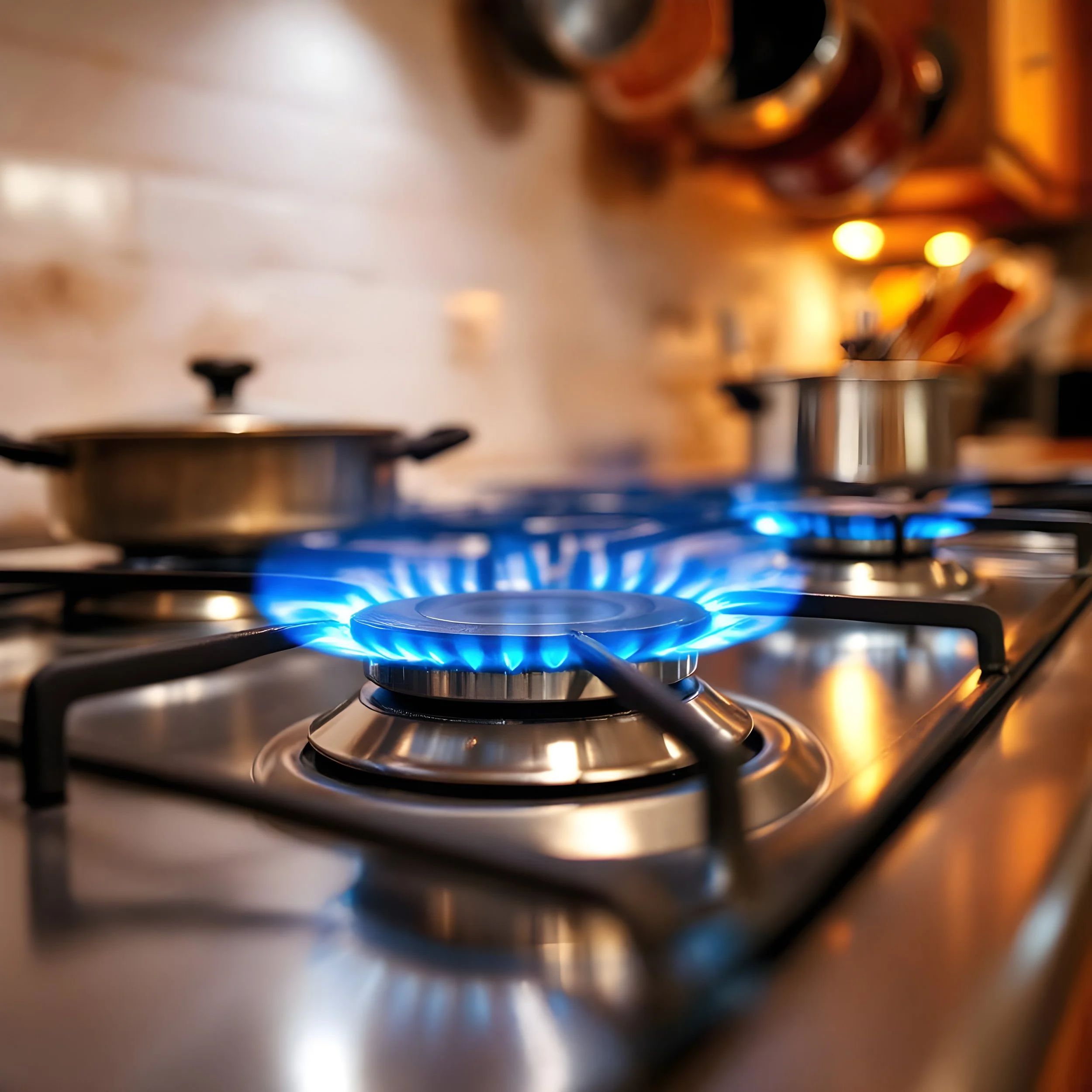 Close-up of a lit gas stove burner with blue flames, with pots on the back burners in a kitchen setting.