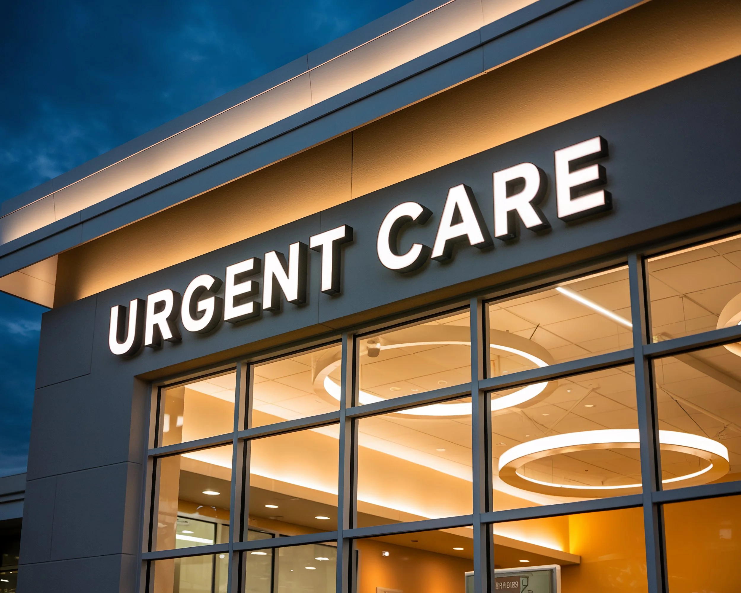 Exterior of an urgent care medical facility at dusk with a modern design, illuminated sign reading 'URGENT CARE', large glass windows, and circular ceiling lights visible inside.