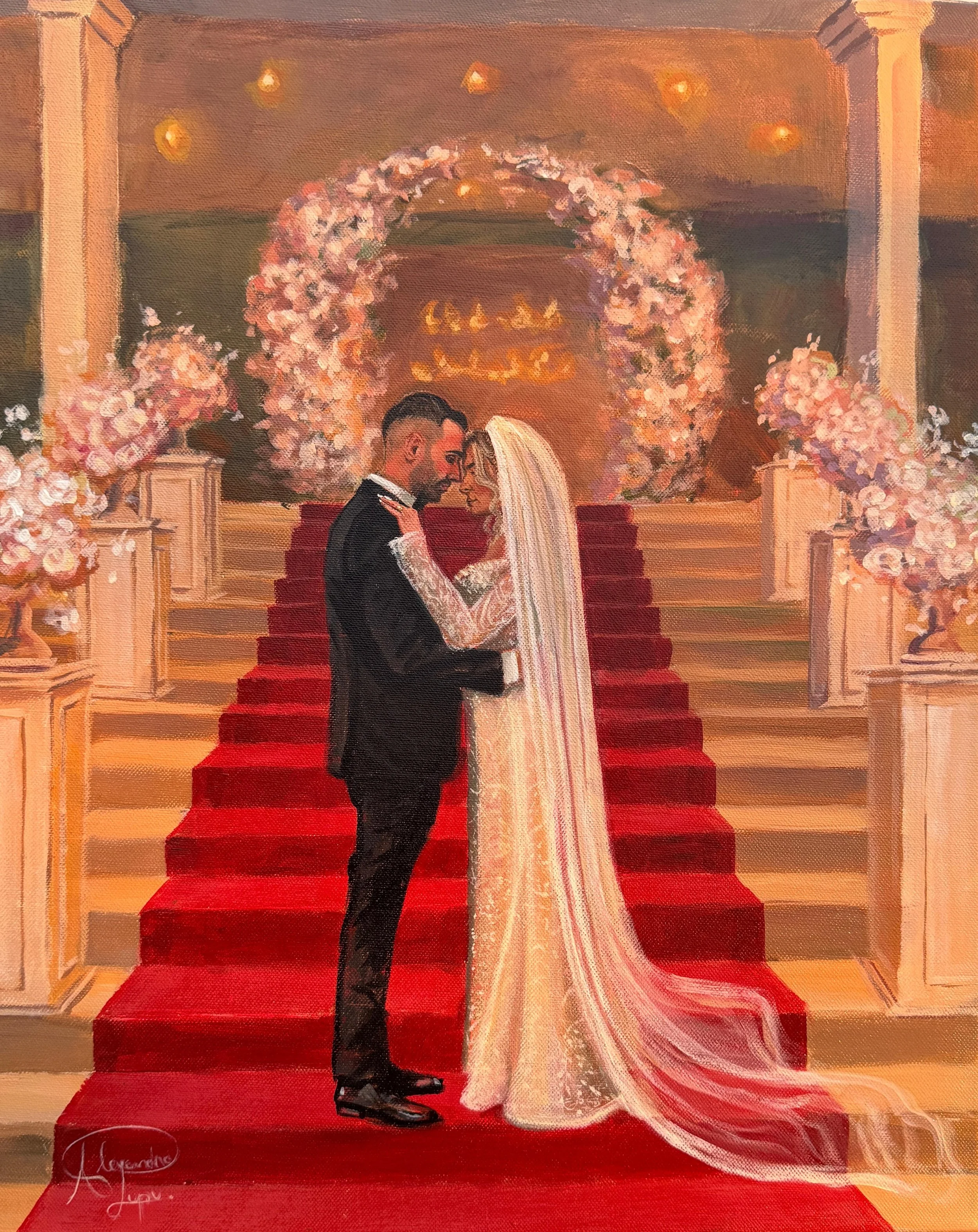 Painting of a bride and groom sharing a kiss on a red-carpeted staircase decorated with pink and white flowers, in a wedding setting.