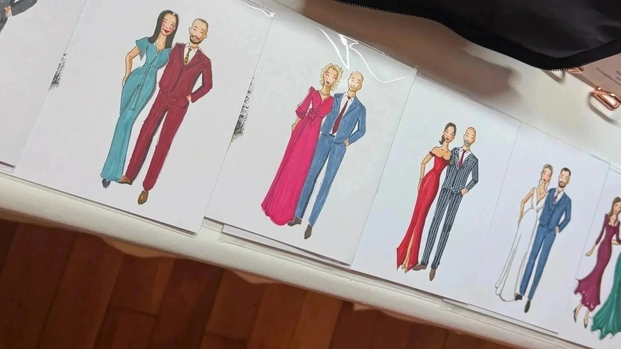 sketches or illustrations of couples wearing different colored wedding outfits.