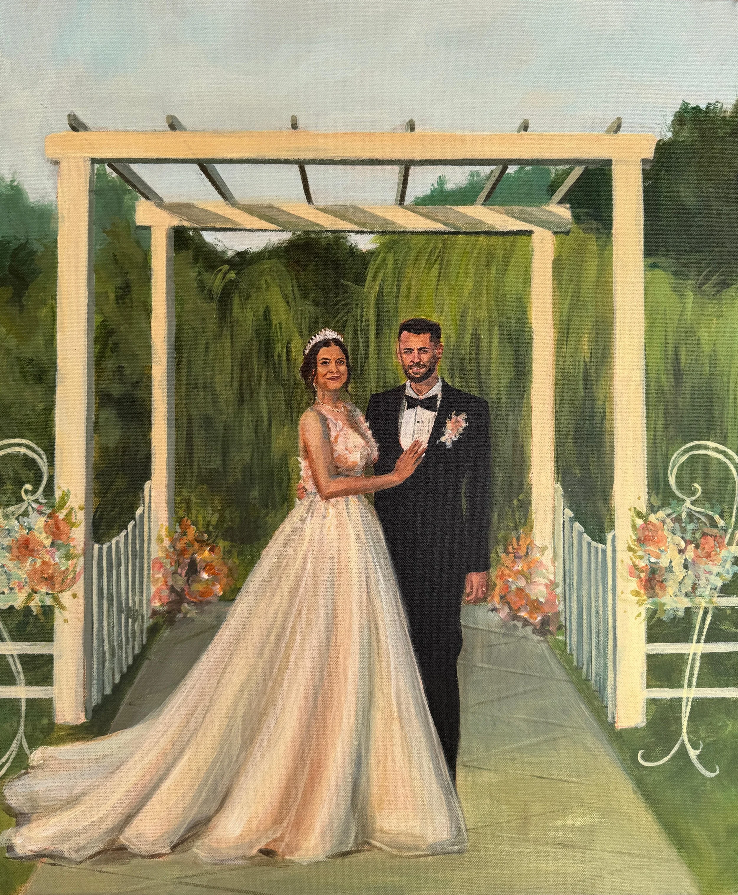 Painting of a bride and groom standing under an archway outdoor, surrounded by greenery and flowers, with the bride in a white gown and the groom in a tuxedo.