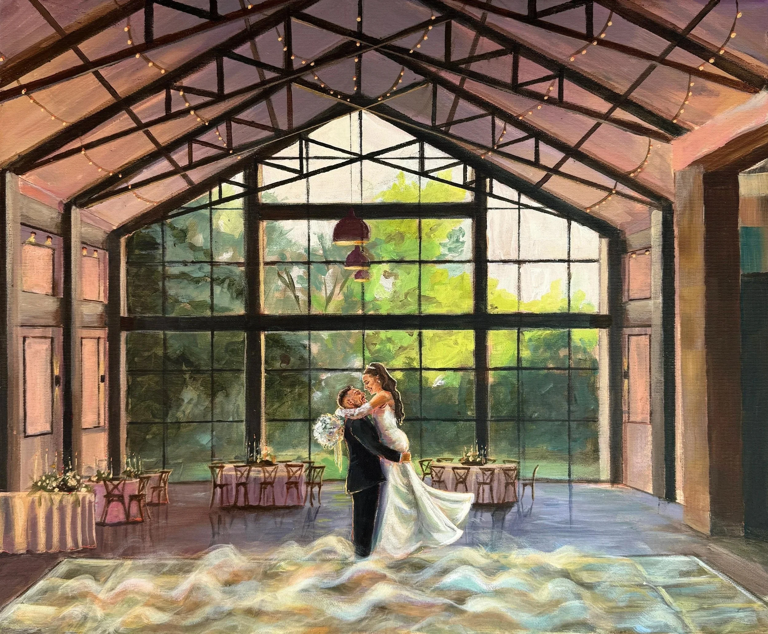 A painting of a bride and groom dancing in a large, industrial-style wedding venue with high ceilings, exposed beams, and large windows showing greenery outside. Small tables and chairs are set up around the room, and string lights hang from the ceiling.
