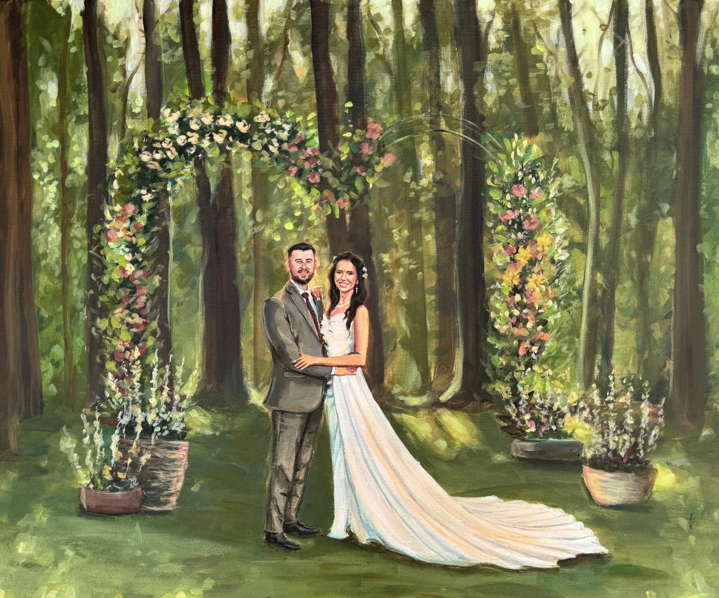 A painted wedding scene in a forest with a happy couple standing under a floral arch, surrounded by potted plants and sunlight filtering through trees.