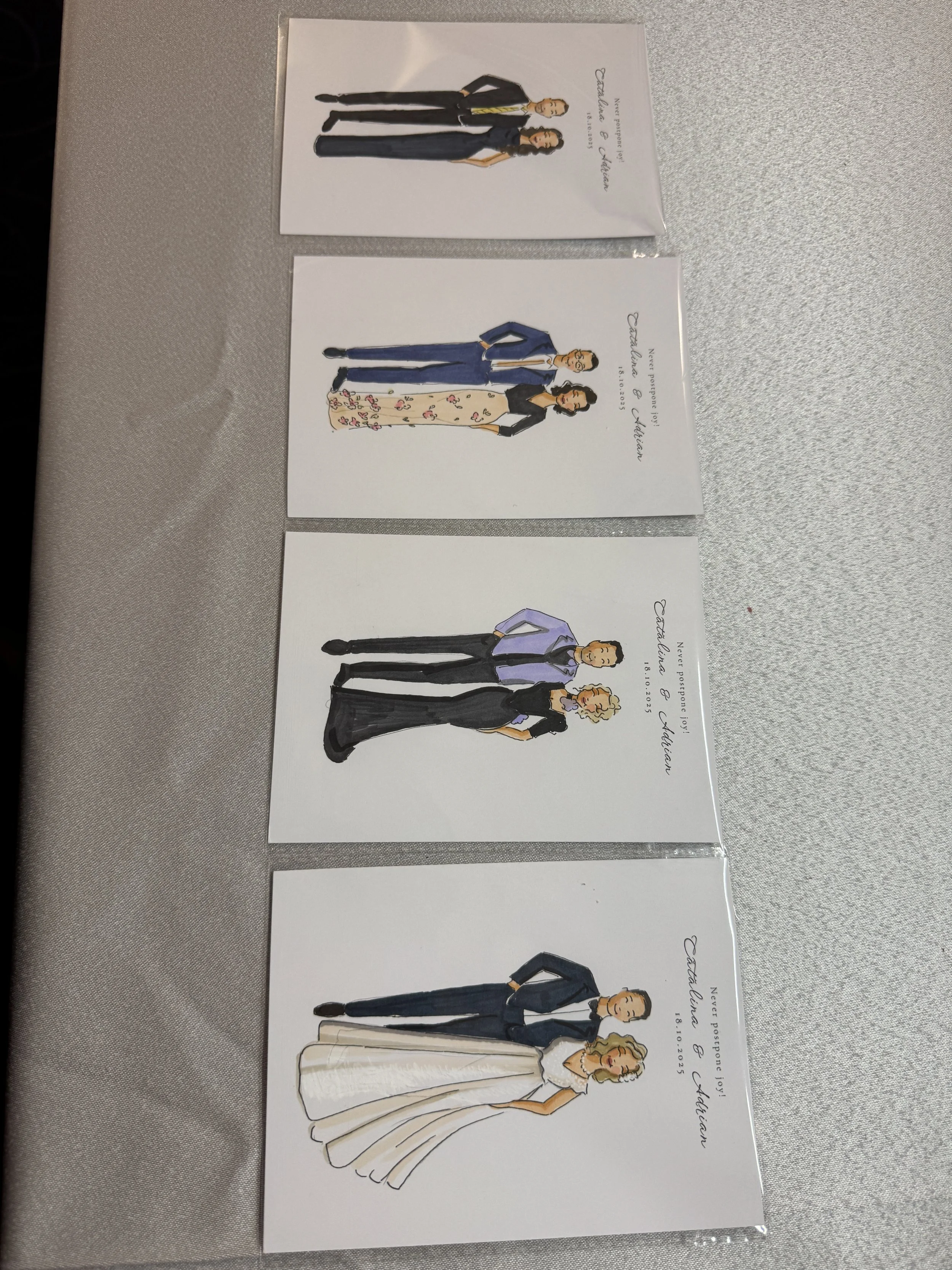 Set of four illustrated wedding programs featuring couples in formal wedding attire, with handwritten-style text.