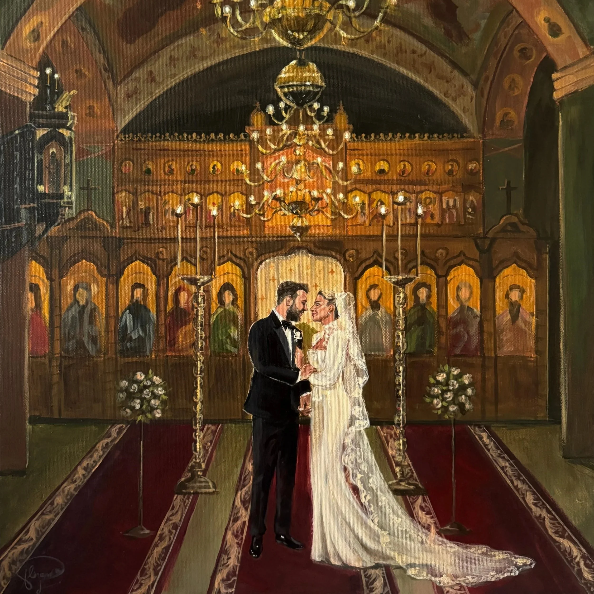 A painting of a wedding ceremony inside a church, with the bride and groom standing together on a red carpet, holding hands, surrounded by gold chandeliers and religious icons.